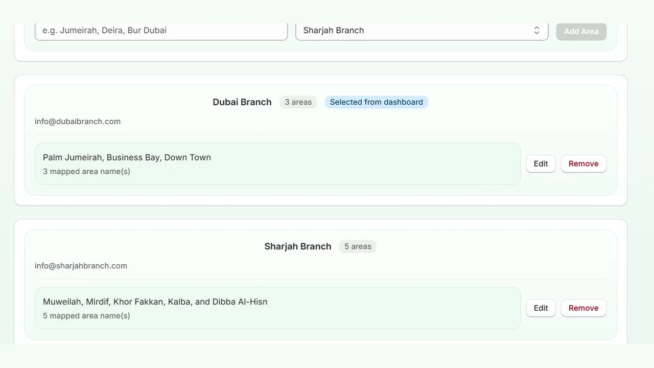 Area mapping page with delivery areas assigned to branches